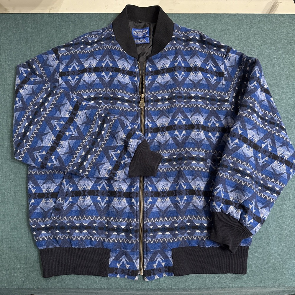 Pendleton Western Wear Geometric wool bomber jacket mens blue and black XL